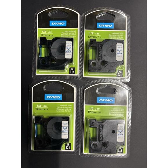 4 GENUINE Dymo D1 Standard Label 1/2in x 23ft (12mm X 7m), Blue on White 1858736 - Picture 1 of 3